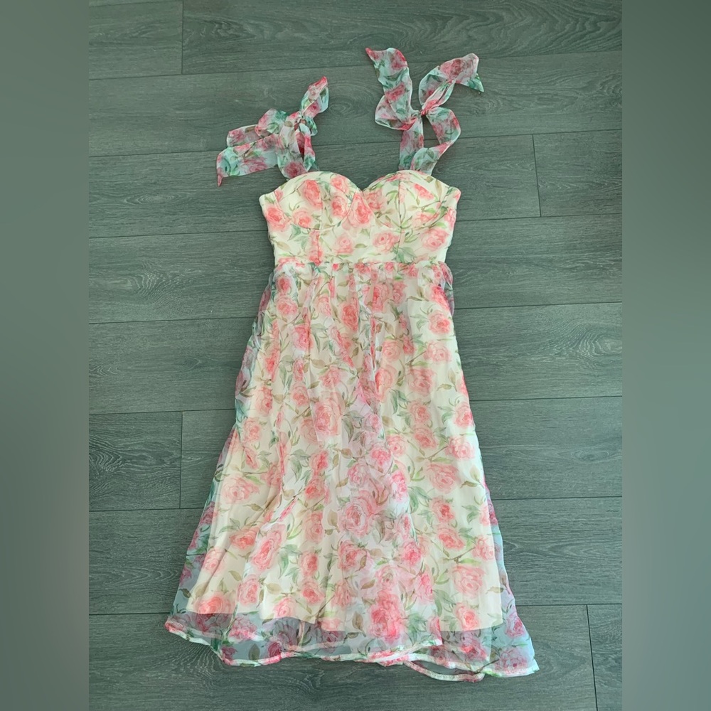 Maniju Korea dress flowers roses Medium new M midi length